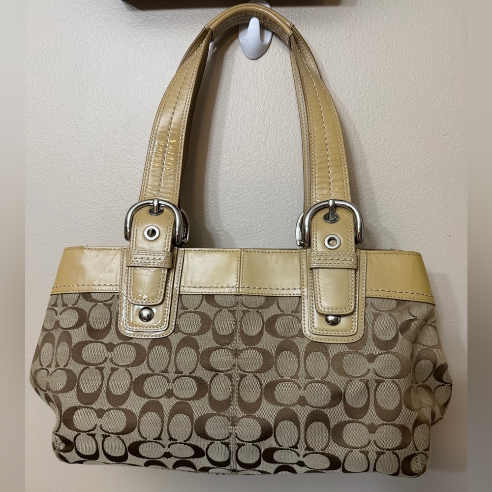 Coach Beige Monogram Shoulder Bag with Cream Trim#F13742